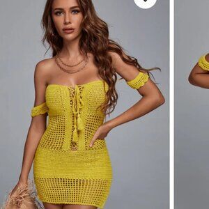 New BELLA BARNETT Ako Yellow Crochet Mini Dress M 6 8 $49